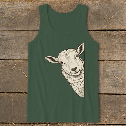Dark green tank top with a sheep peeking from the right side.