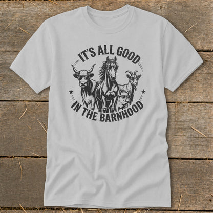 Grey t-shirt with graphic of cow, horse, goat, and pig wearing sunglasses and text.