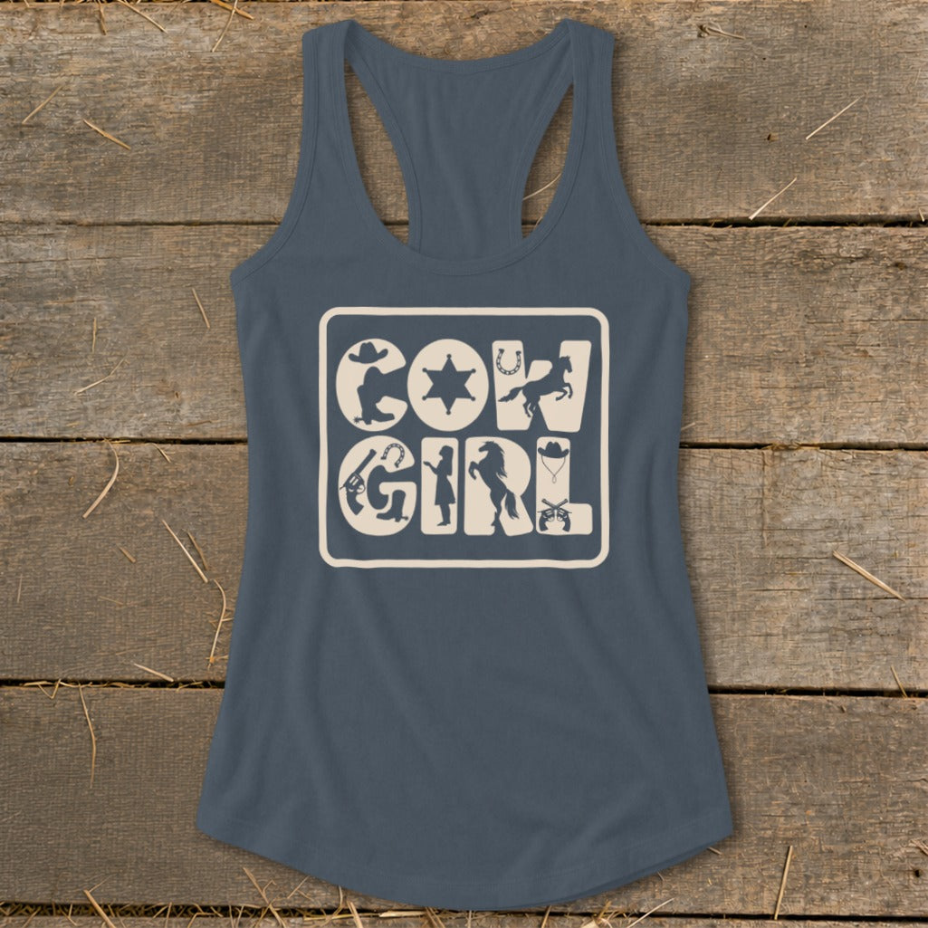 Tank top with cream "COWGIRL" text surrounded by western-themed silhouettes.