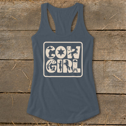 Tank top with cream "COWGIRL" text surrounded by western-themed silhouettes.