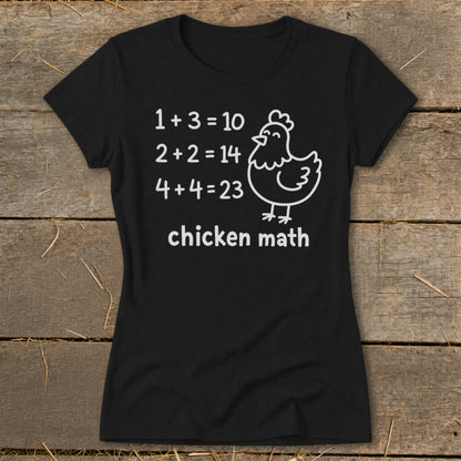 Black t-shirt with white text and a cartoon chicken. Reads "Chicken Math".
