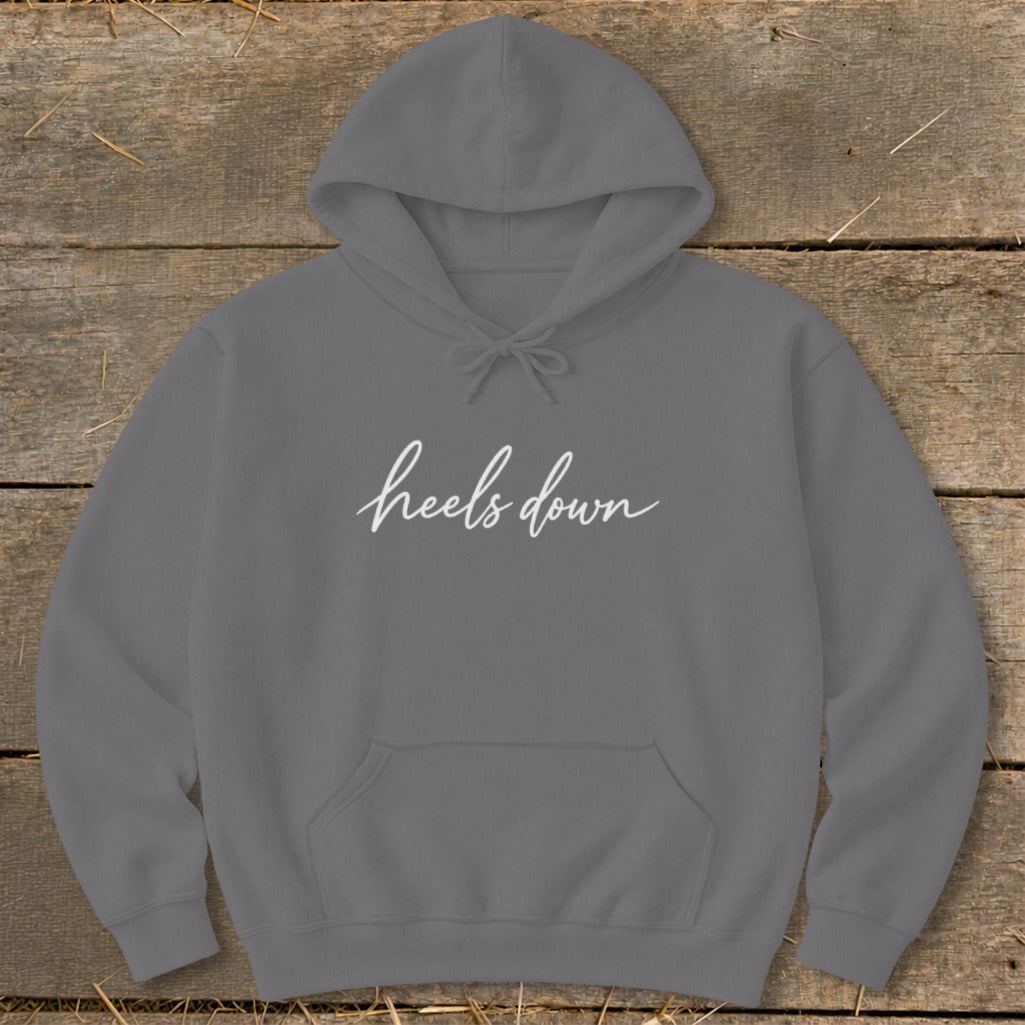 Grey hooded sweatshirt with white "heels down" text across the chest.