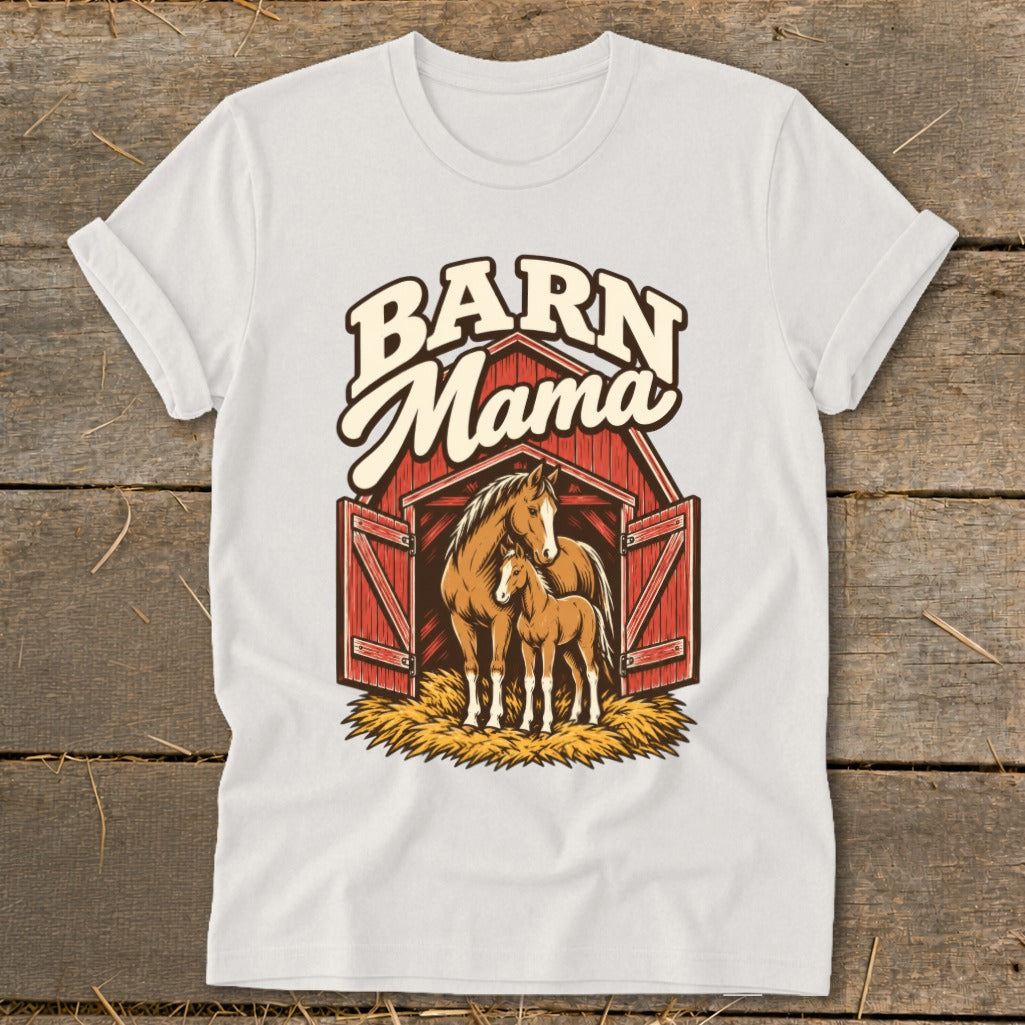 Barn Mama graphic on white t-shirt with horses in a red barn.