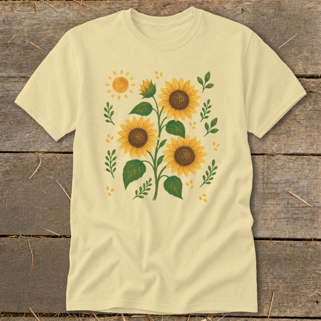 Light yellow t-shirt with a painted sunflower and sun graphic design.