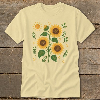 Light yellow t-shirt with a painted sunflower and sun graphic design.