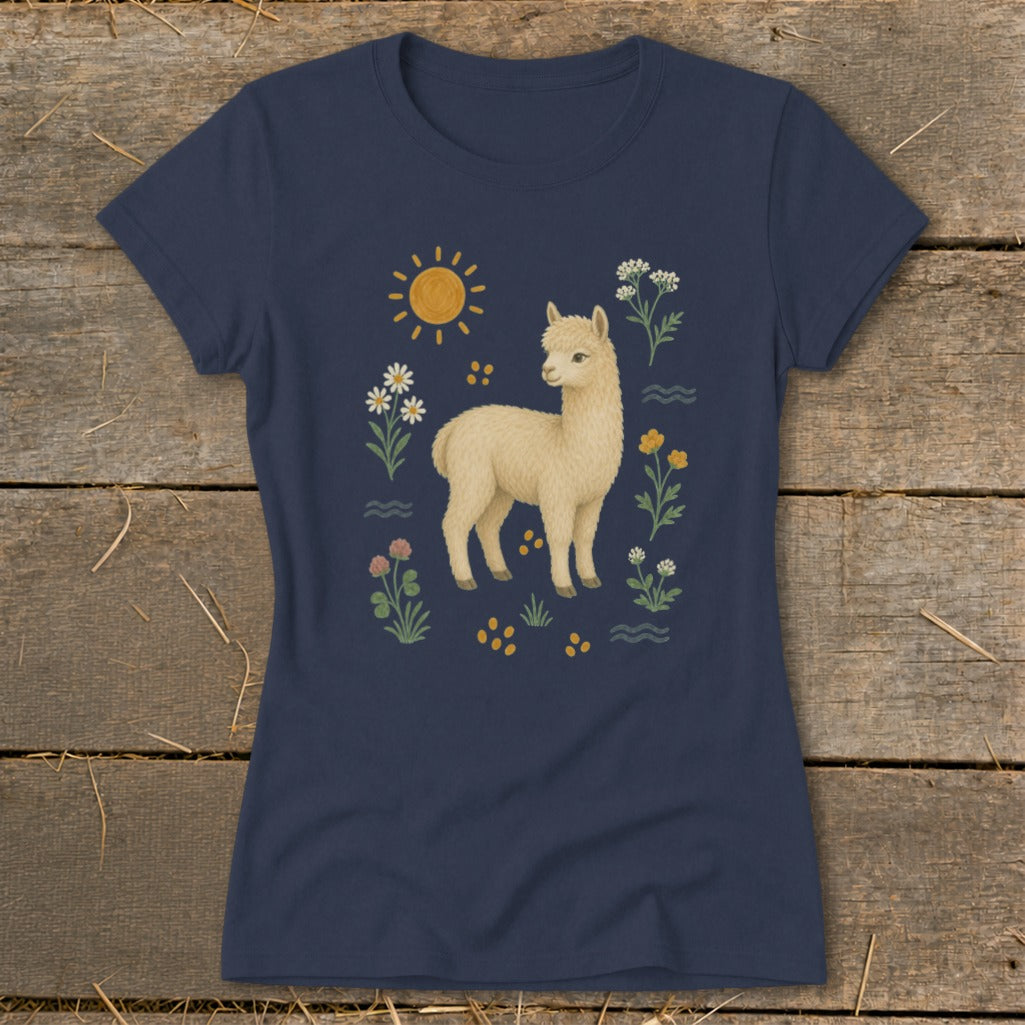 Navy t-shirt with a light brown alpaca surrounded by flowers and a sun.