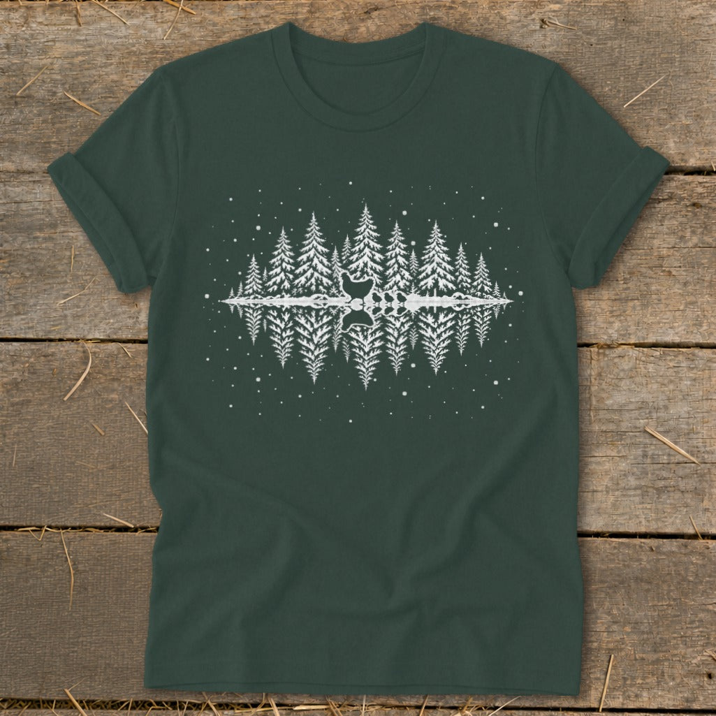 Dark green t-shirt with white reflection graphic of trees and deer.