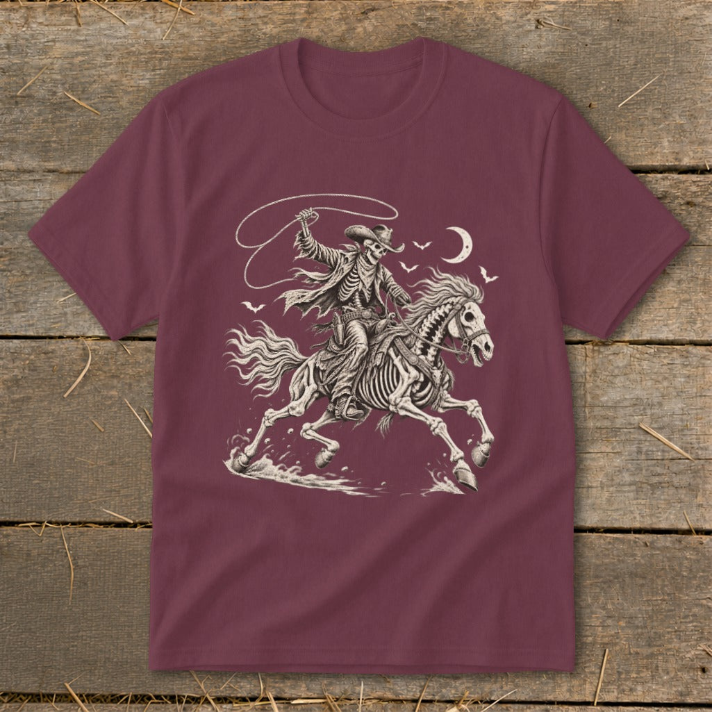 Skeleton cowboy on horseback with a lasso under a crescent moon.