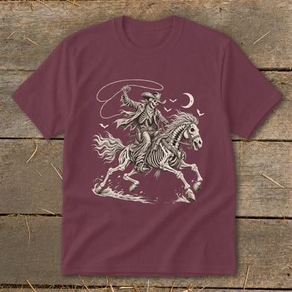 Skeleton cowboy on horseback with a lasso under a crescent moon.