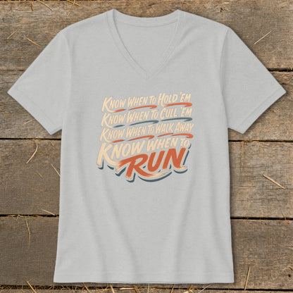 Light gray v-neck t-shirt with "Know When To Hold 'Em" text.