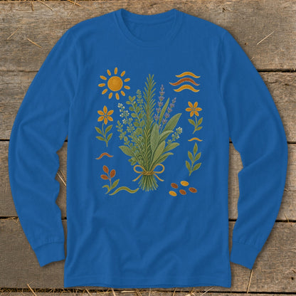 Blue long-sleeve shirt with a central bouquet of herbs and surrounding floral and sun illustrations.