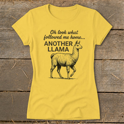 Yellow t-shirt with a drawing of a llama and text "Oh look what followed me home... ANOTHER LLAMA".