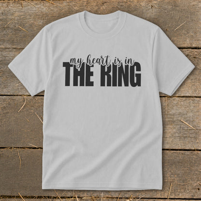 Light grey t-shirt with black text "my heart is in THE RING".