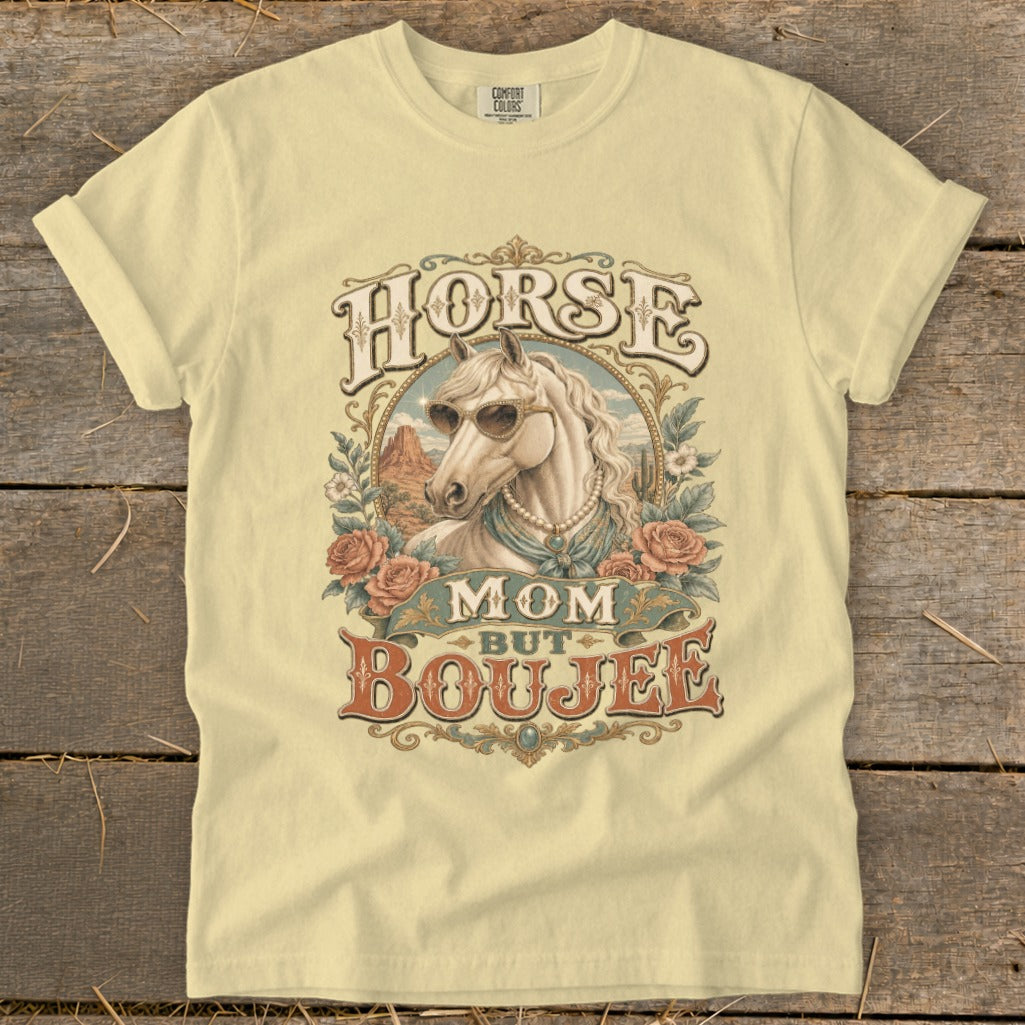 Horse Mom But Boujee graphic t-shirt featuring a white horse with sunglasses.