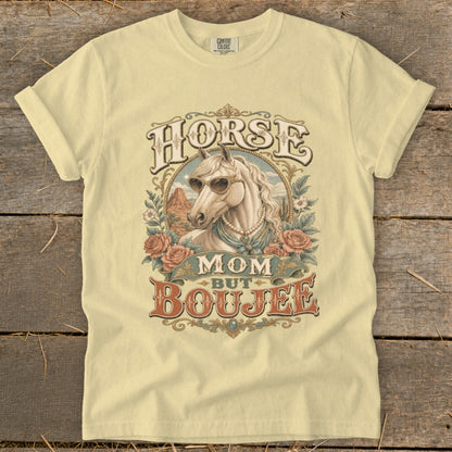 Horse Mom But Boujee graphic t-shirt featuring a white horse with sunglasses.