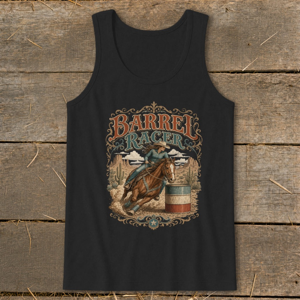 Tank top with barrel racer graphic and desert scenery.