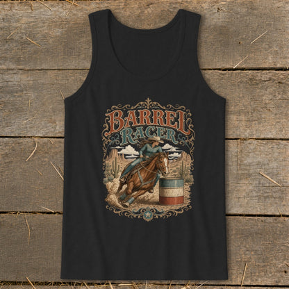 Tank top with barrel racer graphic and desert scenery.