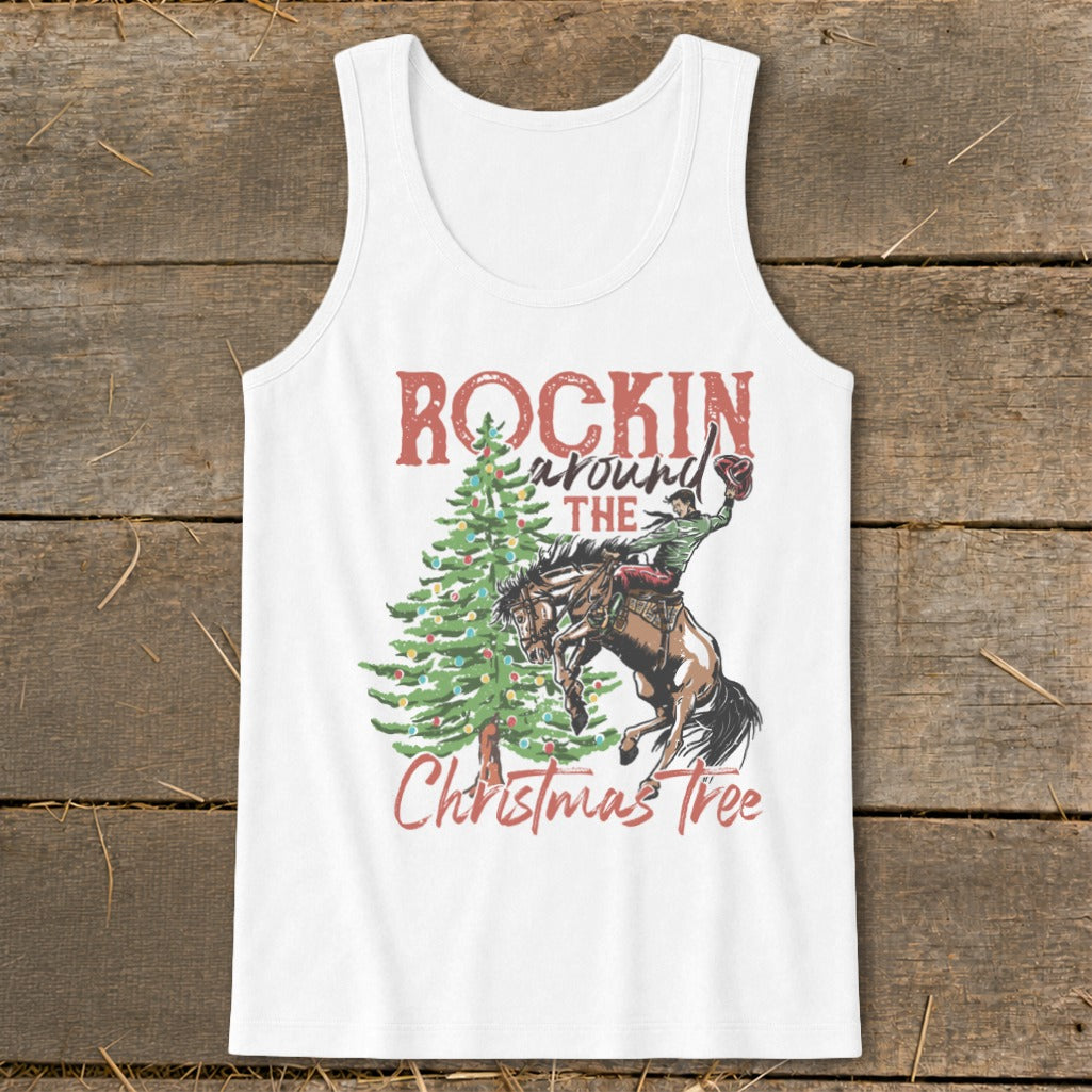 White tank top with "Rockin Around The Christmas Tree" text and cowboy on bucking horse.