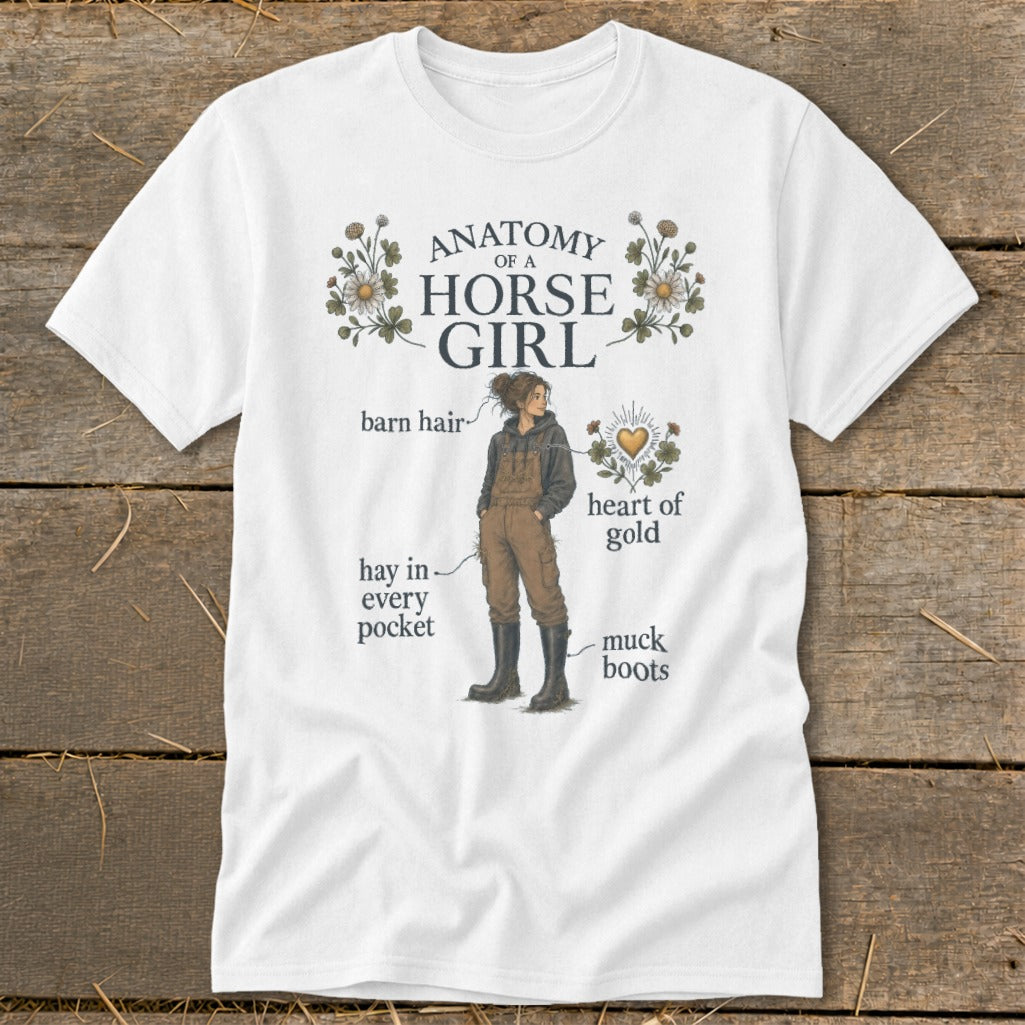 White t-shirt with "Anatomy of a Horse Girl" graphic, featuring a girl with labeled attributes.