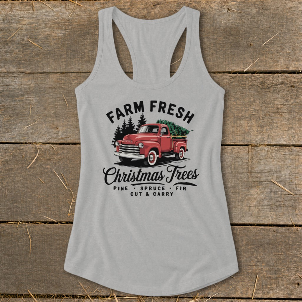 Grey tank top with "Farm Fresh Christmas Trees" and red truck graphic.
