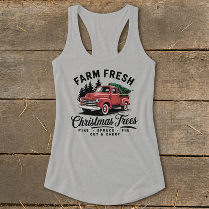 Grey tank top with "Farm Fresh Christmas Trees" and red truck graphic.