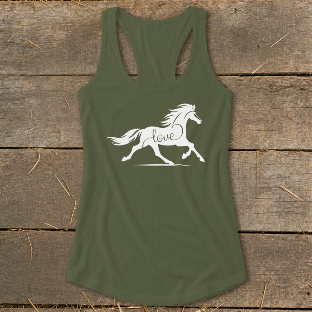 Olive green tank top with a white running horse and the word "love" graphic.