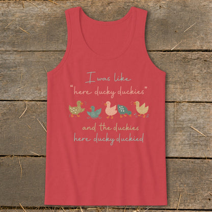 Red tank top with cartoon ducks and text about duckies.