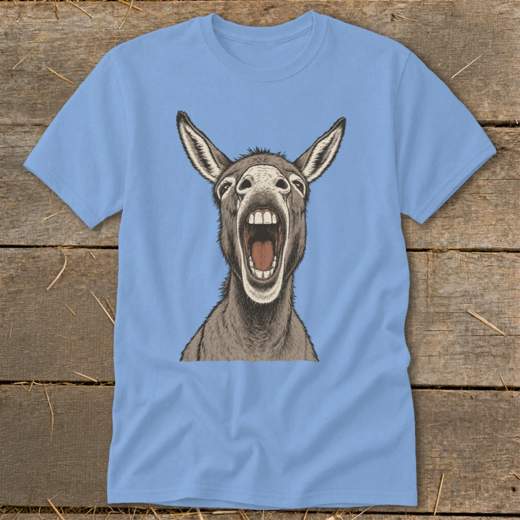Light blue t-shirt with a drawing of a donkey's head with its mouth wide open.