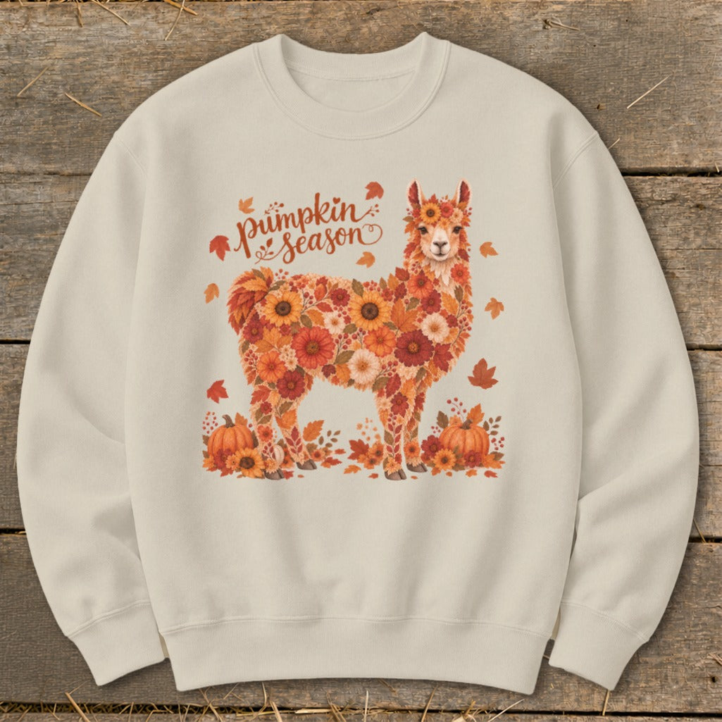 Cream sweatshirt with llama made of autumn flowers and pumpkins, "Pumpkin Season" text.