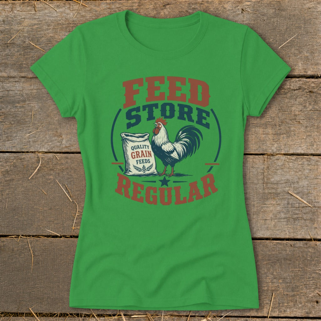 Green t-shirt with a rooster and "Feed Store Quality Grain Feeds Regular" text graphic.
