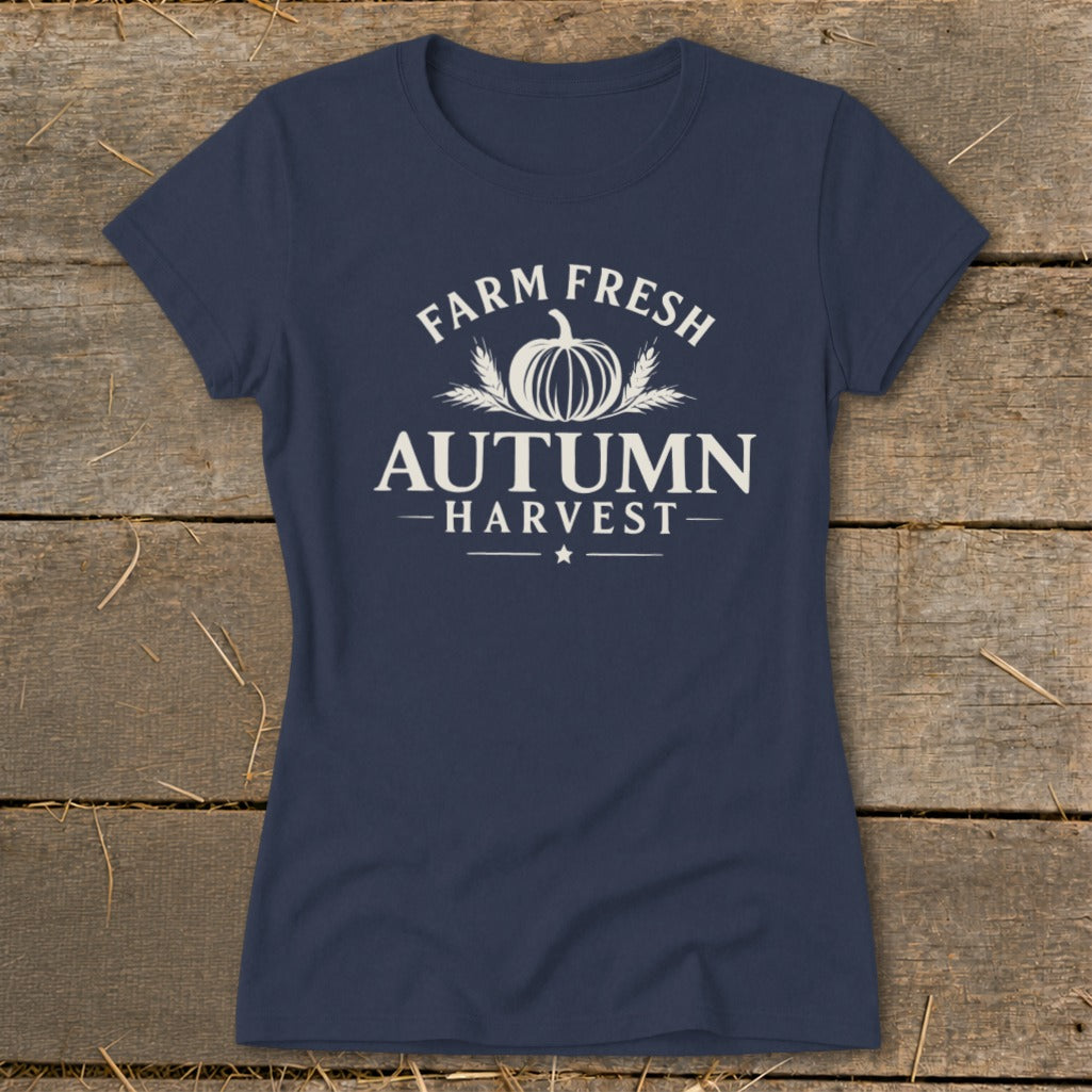 Navy t-shirt with "Farm Fresh Autumn Harvest" pumpkin and wheat graphic.