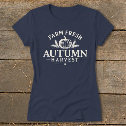 Navy t-shirt with "Farm Fresh Autumn Harvest" pumpkin and wheat graphic.