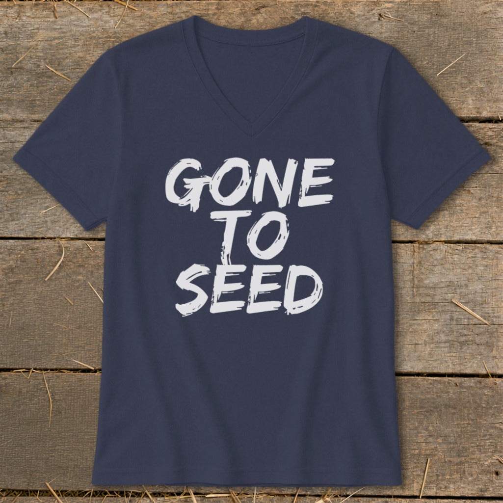 Navy v-neck t-shirt with white "GONE TO SEED" text in distressed font.