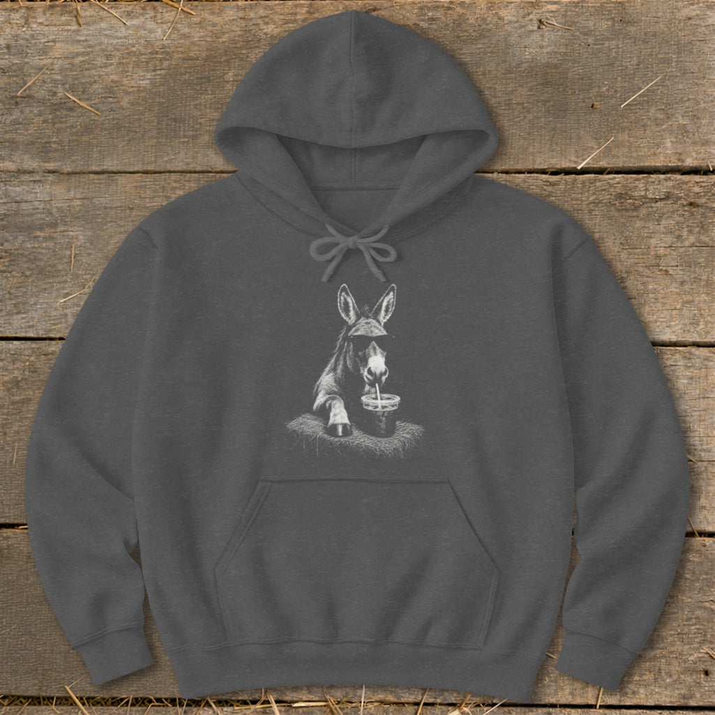 Dark grey hoodie with a graphic of a donkey wearing sunglasses drinking from a cup.