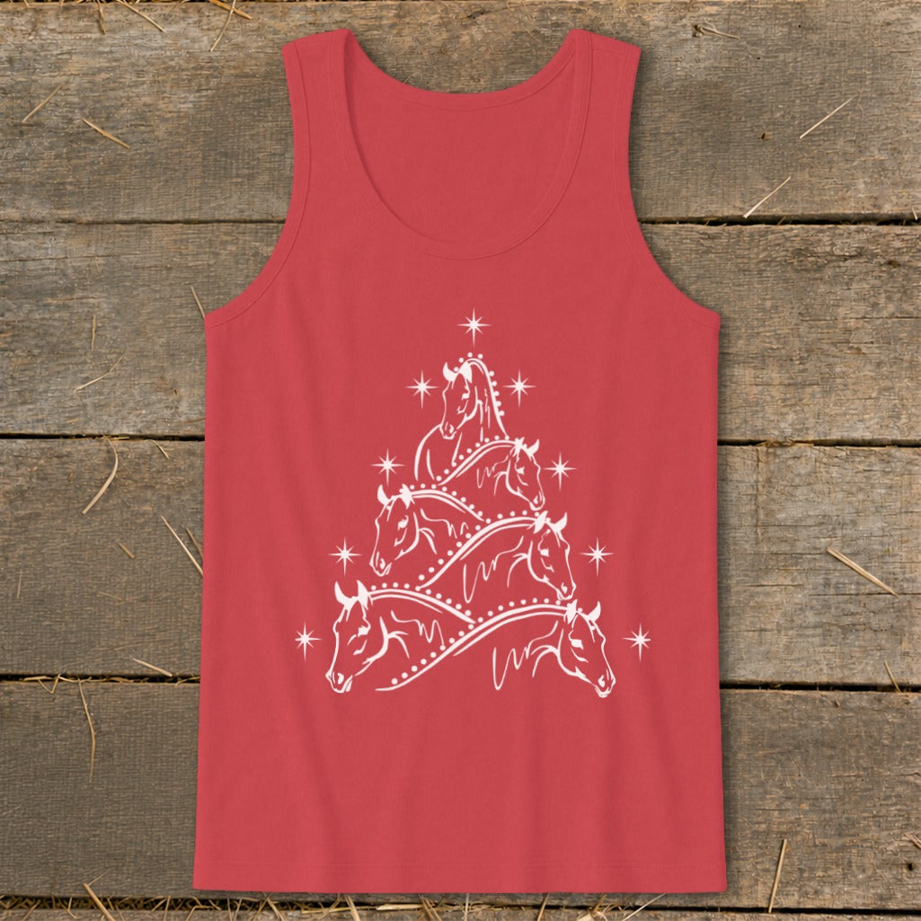 Red tank top with white horse Christmas tree graphic and stars.