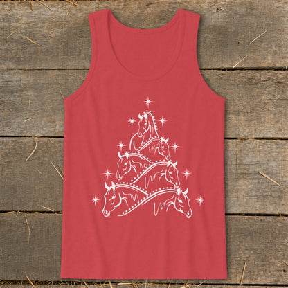 Red tank top with white horse Christmas tree graphic and stars.