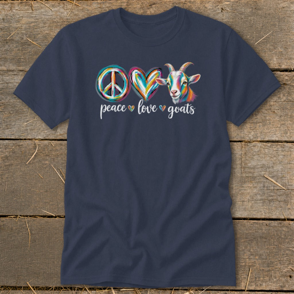 Navy t-shirt with colorful "peace love goats" text and graphic.