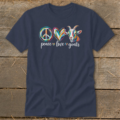 Navy t-shirt with colorful "peace love goats" text and graphic.