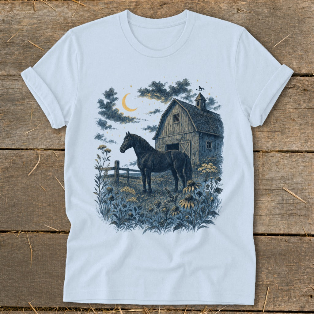 Dark horse stands in a field by a barn under a crescent moon.