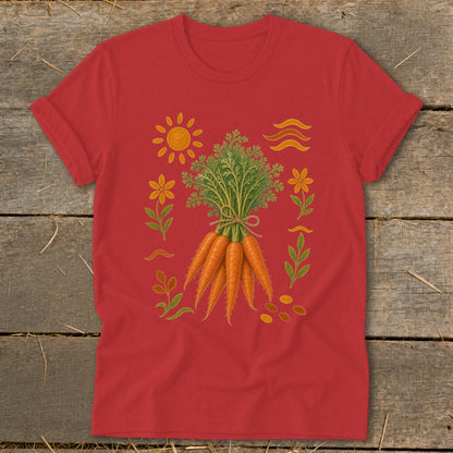 Red t-shirt with a bunch of carrots, sun, flowers, and wavy lines design.