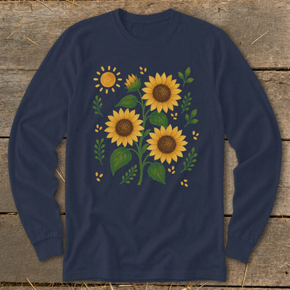 Navy long-sleeve shirt with a painted design of sunflowers and a sun.
