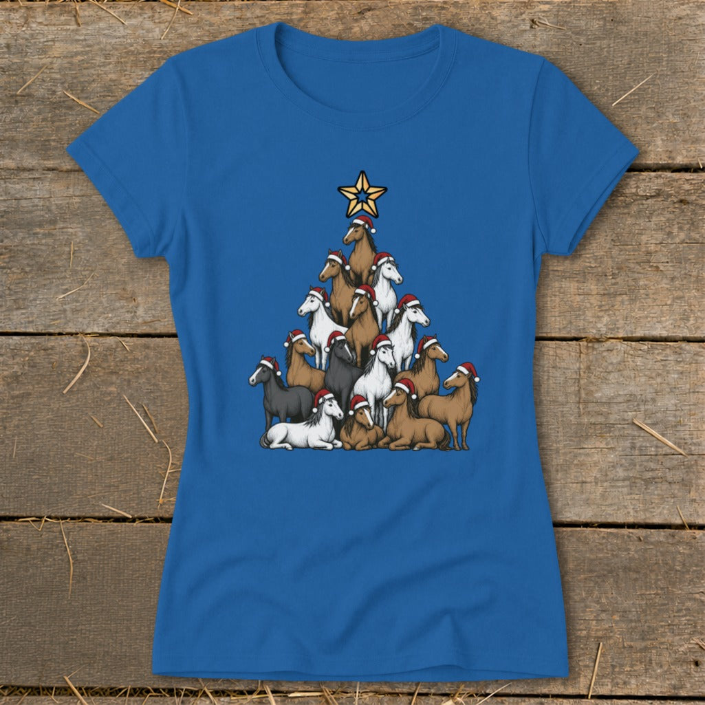 Blue t-shirt with a Christmas tree made of horses wearing Santa hats.