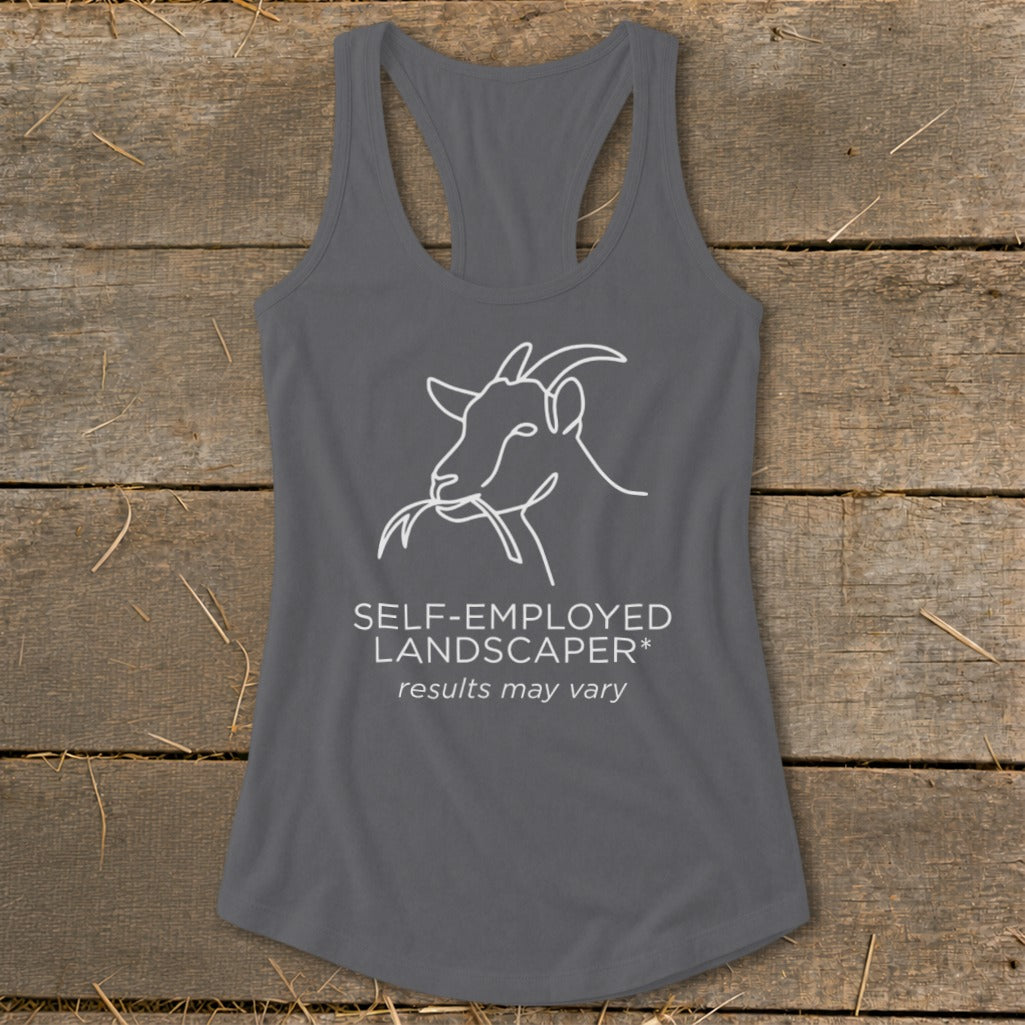 Gray tank top with white line drawing of a goat eating grass and text.