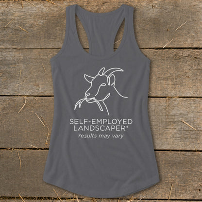 Gray tank top with white line drawing of a goat eating grass and text.