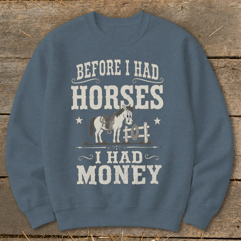 Blue sweatshirt with text "BEFORE I HAD HORSES I HAD MONEY" and cartoon horse.