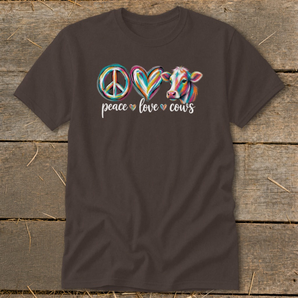 Brown t-shirt with "peace love cows" and colorful cow graphic.