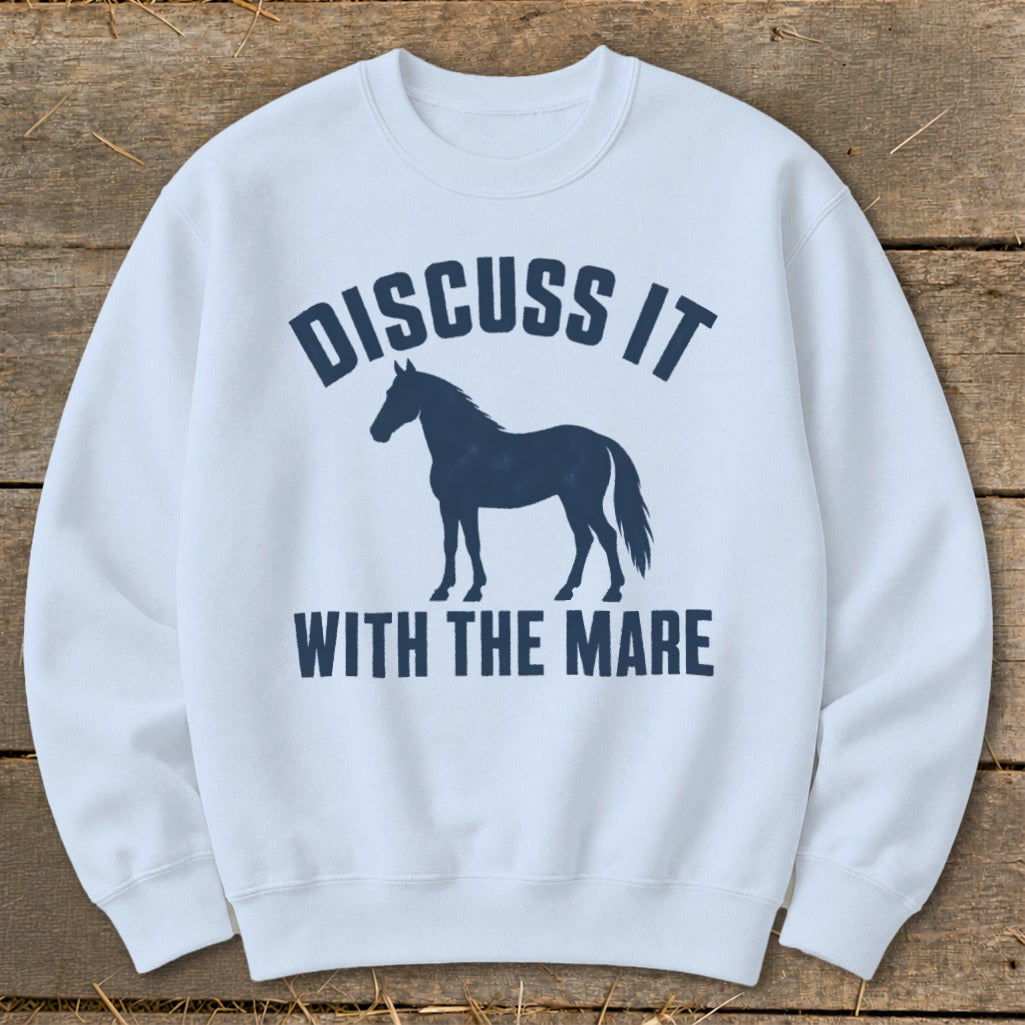 Light blue crewneck sweatshirt with navy horse silhouette and text.