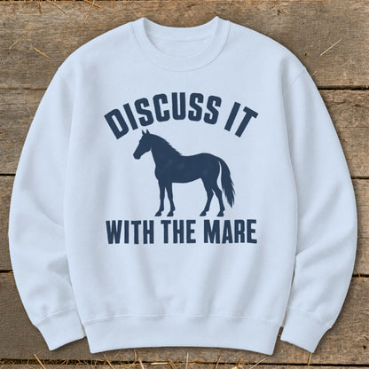 Light blue crewneck sweatshirt with navy horse silhouette and text.