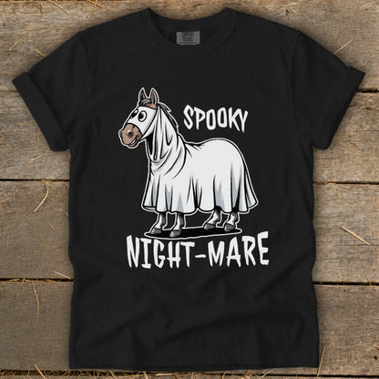Black t-shirt with a ghost horse graphic and text "SPOOKY NIGHT-MARE".