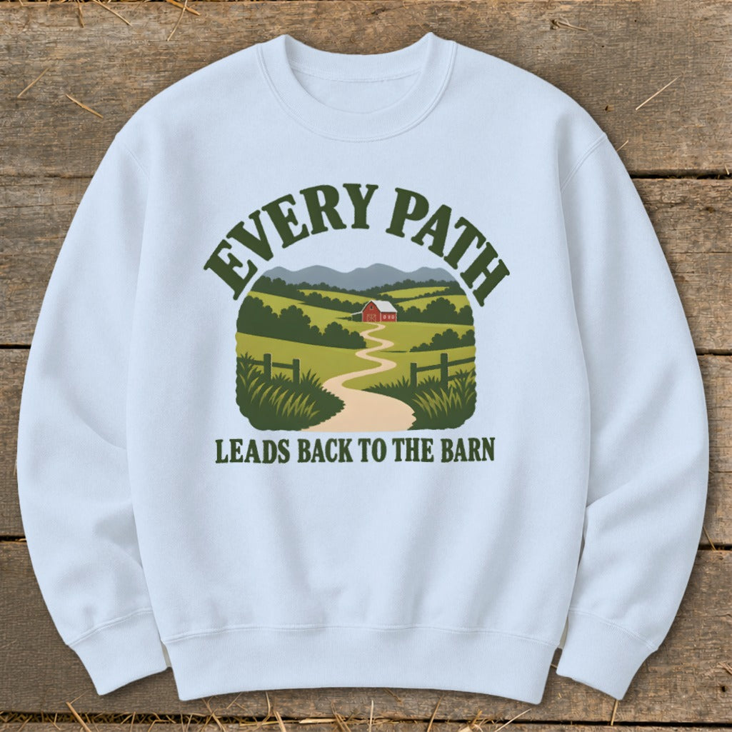 White sweatshirt with a graphic of a winding path leading to a red barn.